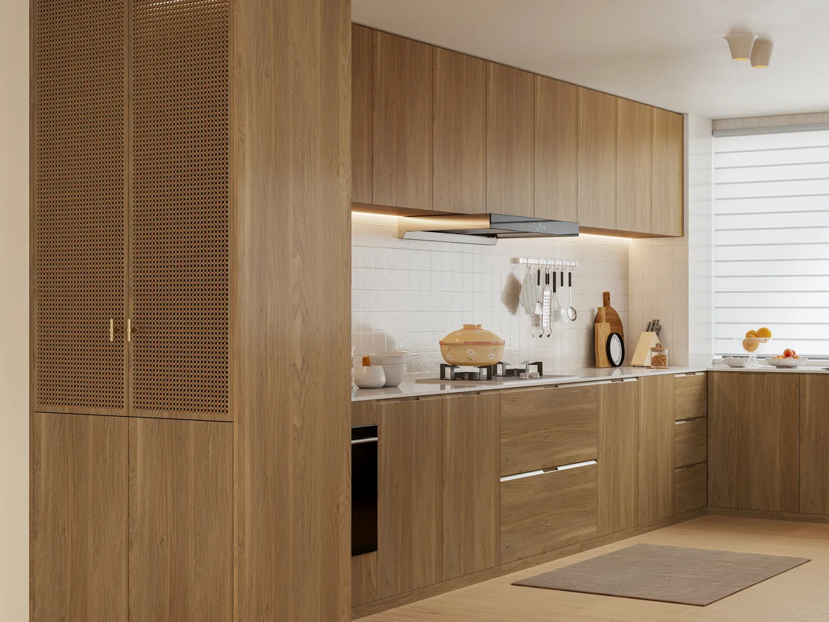 Kitchen cabinets finished with PTBS62701-169 wood grain film