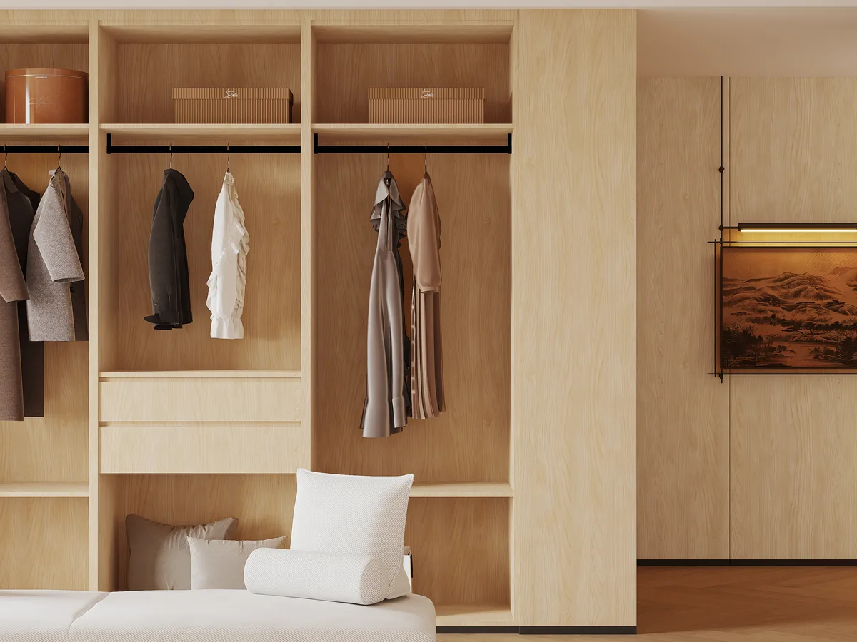 Walk-in wardrobe finished with PTBS65303-169 EIR wood grain film